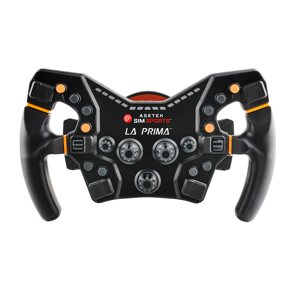 La Prima Formula Lenkrad Orange in der Frontansicht mit Tasten und Drehencodern
