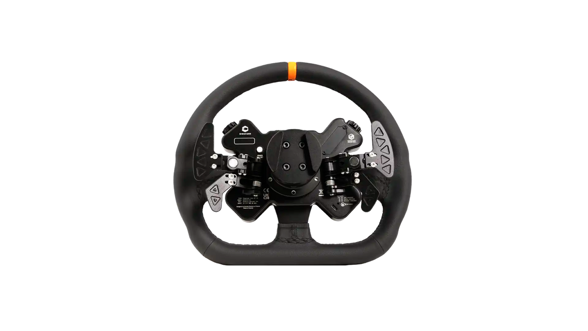 Rückseite des Simucube Valo GT-23 Leder-Version mit Schaltwippen und Quick-Release-Aufnahme