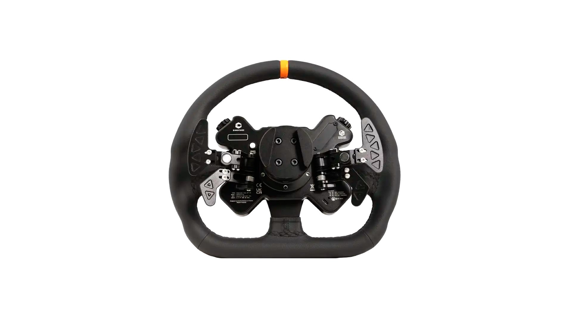 Rückseite des Simucube Valo GT-23 Leder-Version mit Schaltwippen und Quick-Release-Aufnahme