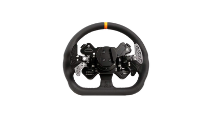 Rückseite des Simucube Valo GT-23 Leder-Version mit Schaltwippen und Quick-Release-Aufnahme