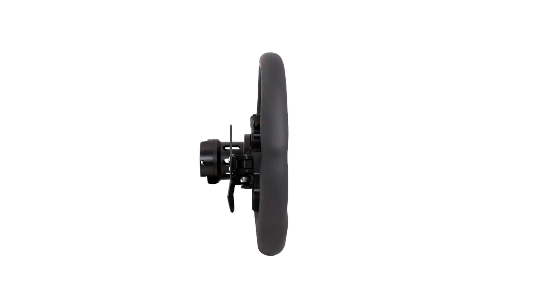 Simucube Valo GT-23 Leder-Version in der Seitenansicht mit Schaltwippen und Kupplungspaddeln