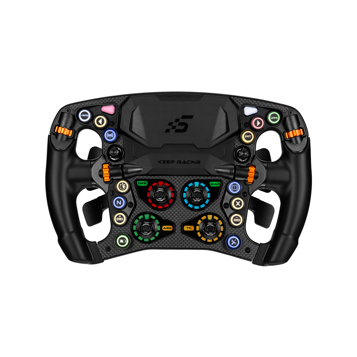 Simagic Zeus Formula Lenkrad in der Frontansicht mit Carbon-Frontplatte, RGB-Tastern und Drehreglern