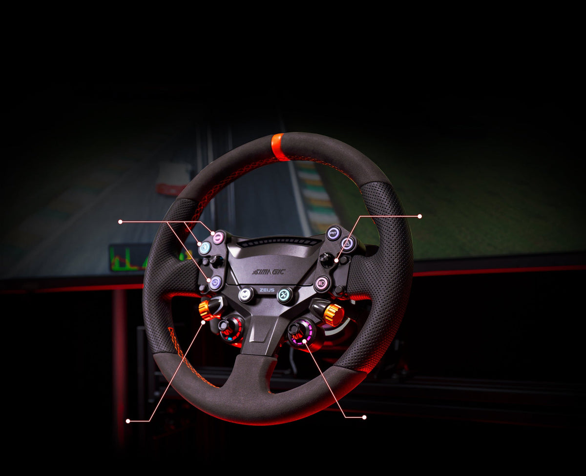 Bedienelemente des Zeus Sport mit acht RGB-Tastern, Drehschaltern und Daumen-Encodern