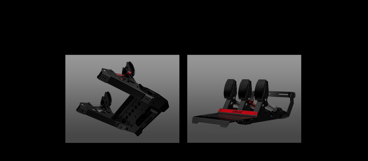 Montagevarianten des Simagic P700 Pedalsets, darunter die Abstützung über die Wandhalterung